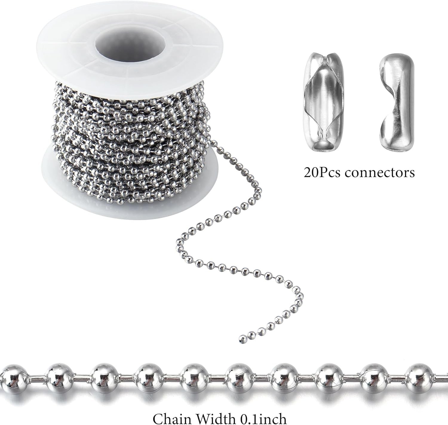 32.8Ft Stainless Steel Ball Chain 2.4mm Bead Link Chain Roll for Dog Tag