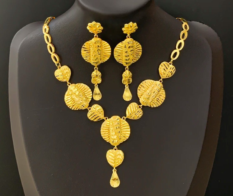 45cm African Italian Dubai 18K Gold Plated Hoop Earrings Pendant Necklace Set