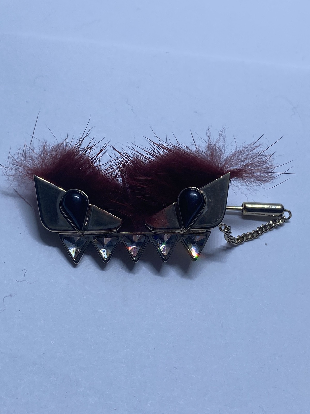 Fendi Bag Bugs Monster Brooch Stick Pin Burgundy Fur Crystal Gold Tone COA