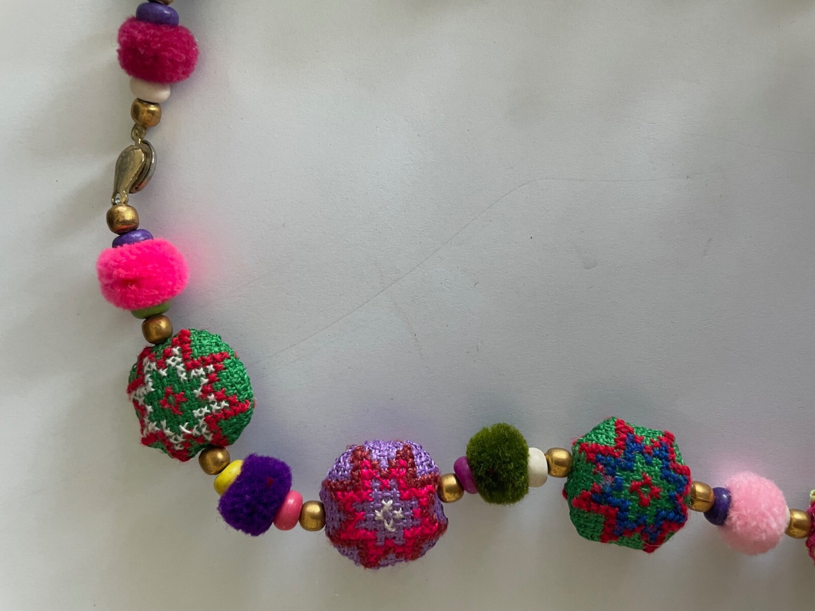 Fabric beaded necklace with glass and metal separators, 16″