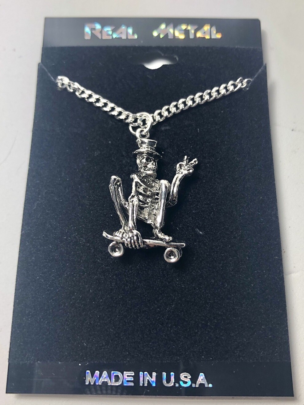 Real Metal Jewelry Skeleton Riding Skateboard Gothic Occult Silver Tone Pendant