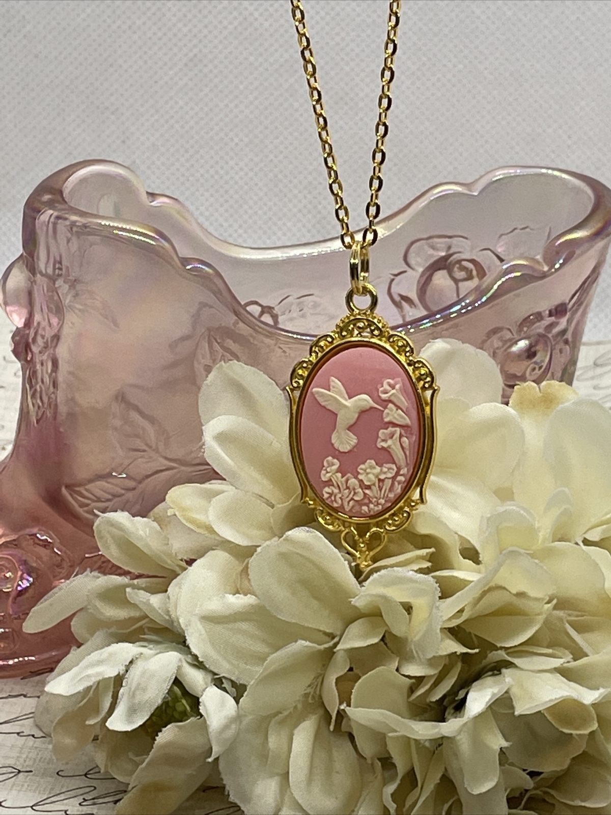 PINK Hummingbird Necklace Heart Cameo Mom Daughter Gold wedding JEWELRY Easter