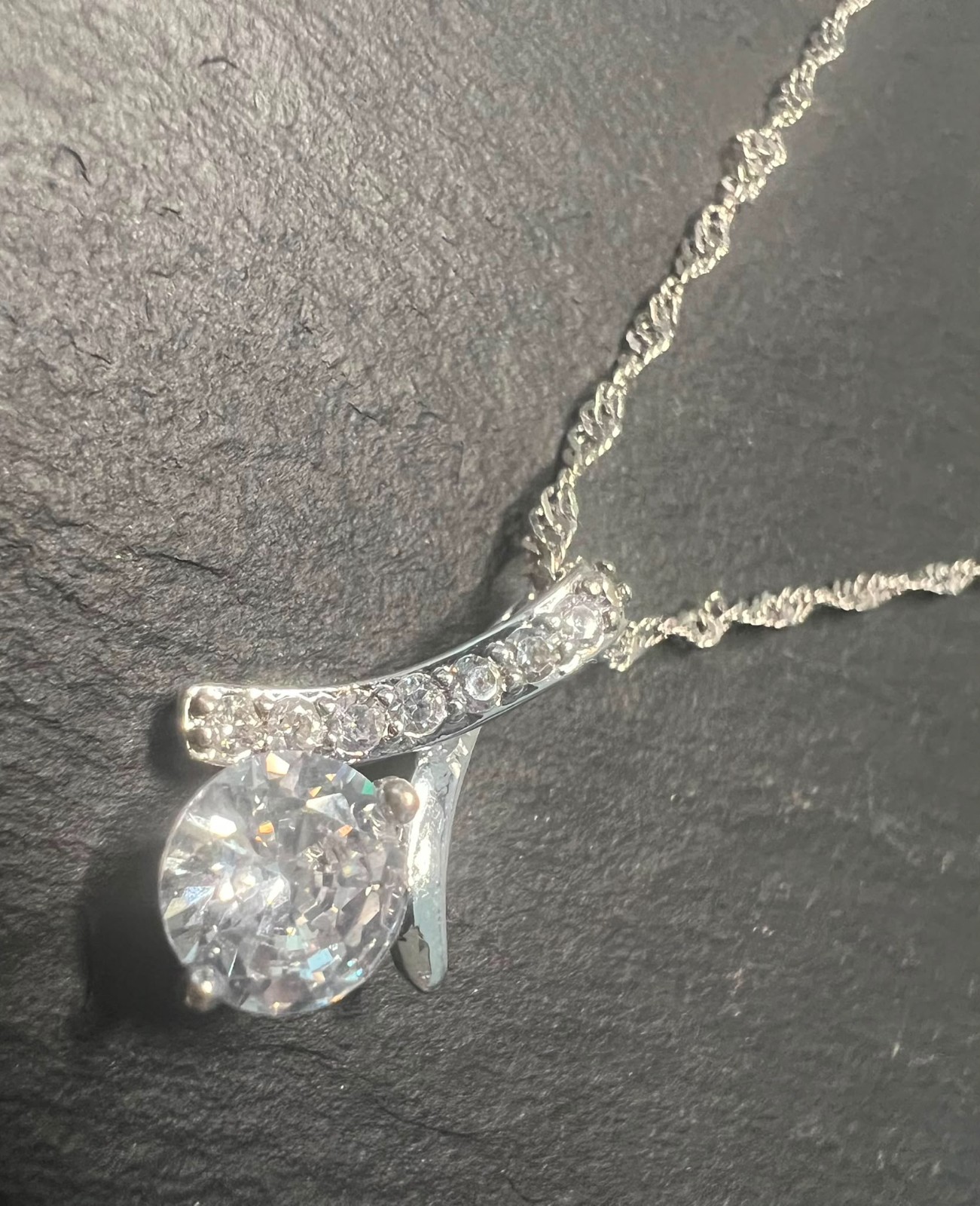 Silver Tone CZ Wishbone Pendant Necklace Adjustable 46-52cm Clear Crystal Drop