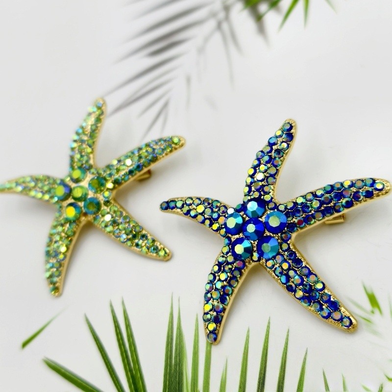 2Pcs Elegant Rhinestone Starfish Brooches Zinc Alloy Beach Theme Party Gift