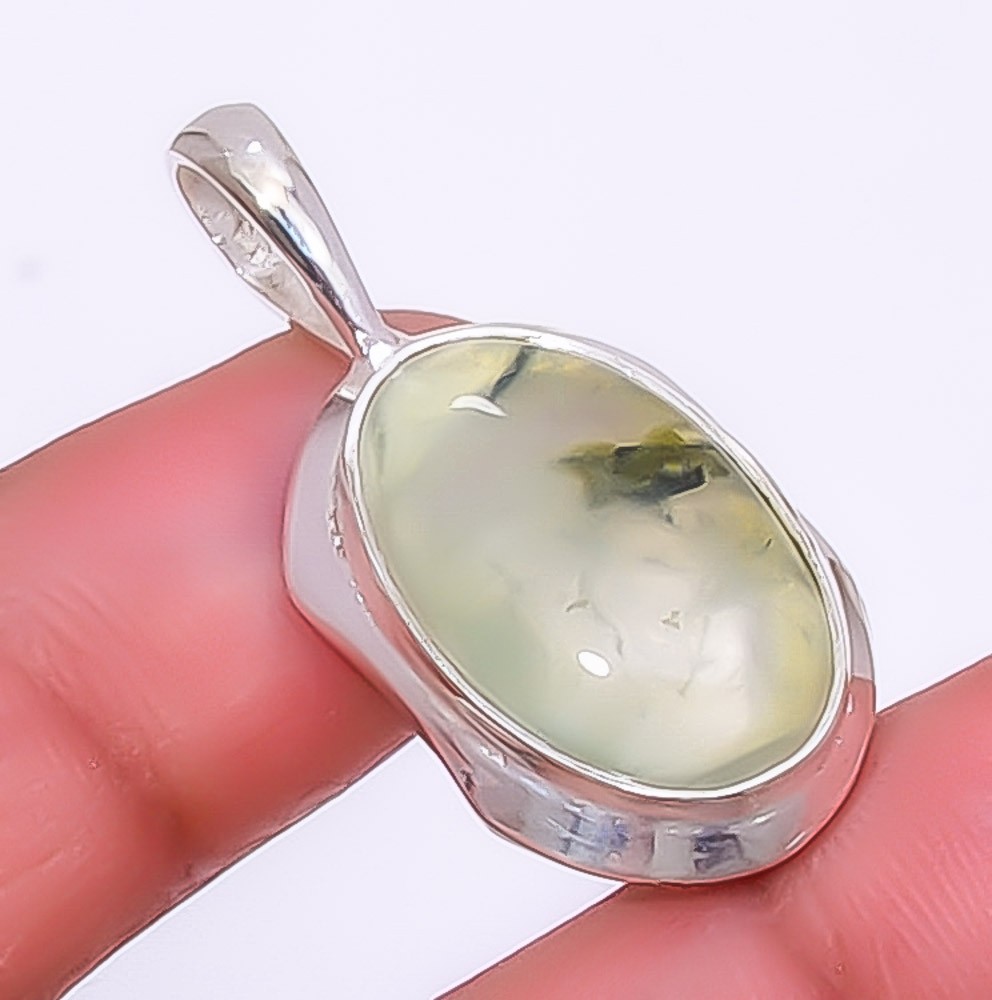 Prehnite Gemstone 925 Silver Plated Handmade Jewelry Pendant 1.40″ T64