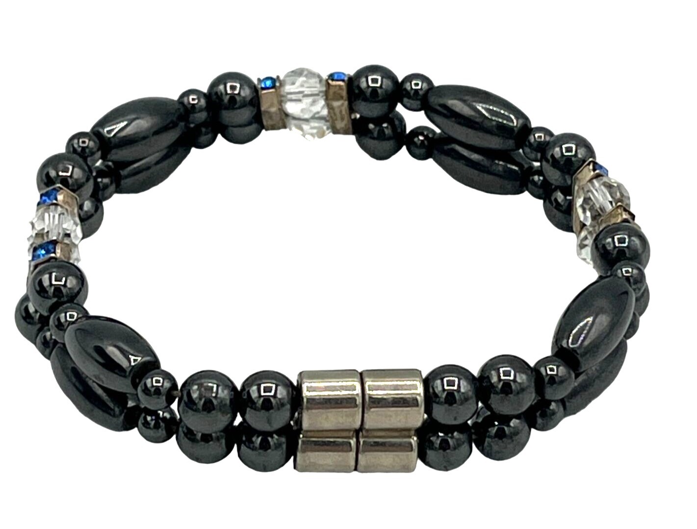 Hematite Crystal Beaded Stretch Bracelet Blue Accent Stones Magnetic Clasp 6 In