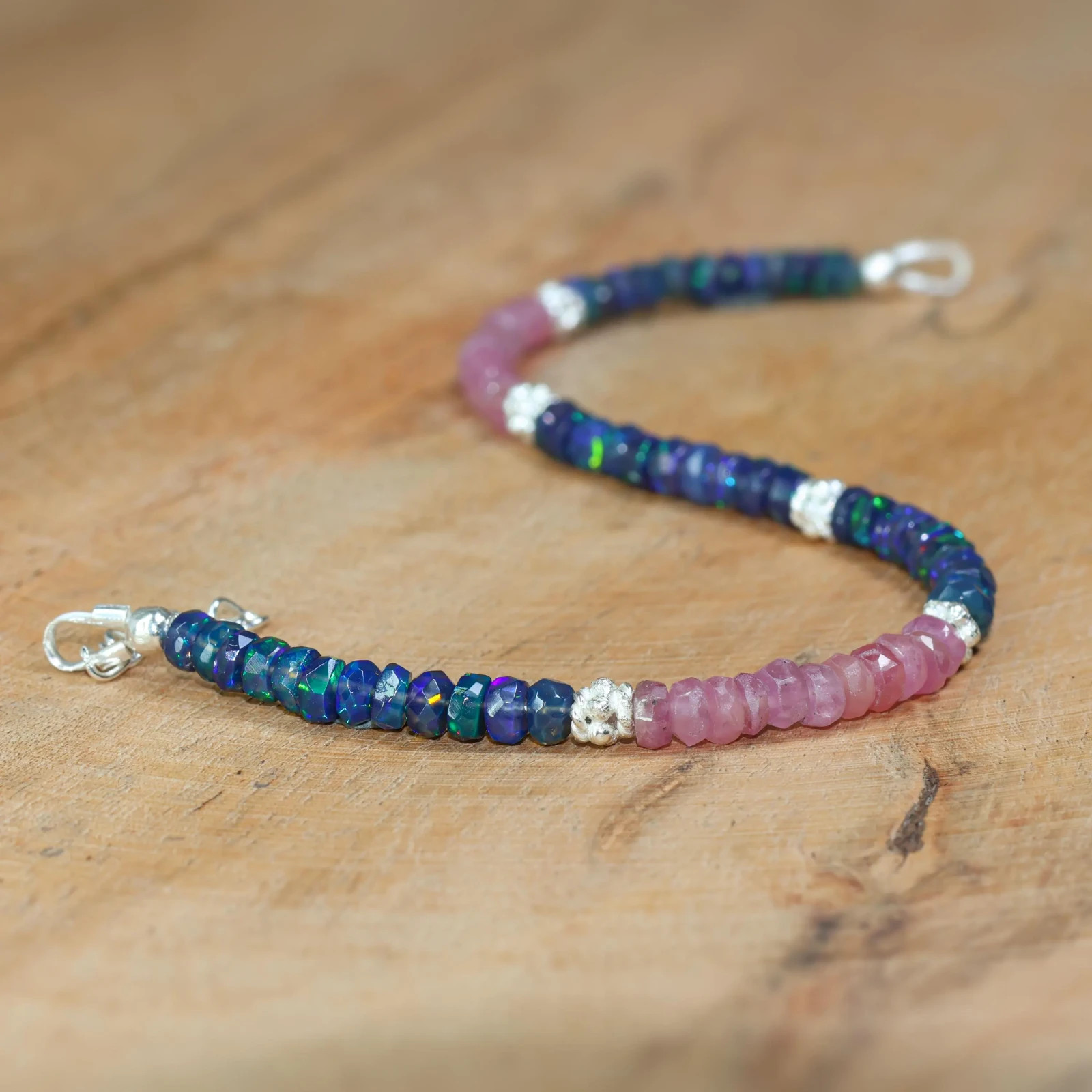 Black Opal and Pink Ruby Faceted Beads Bracelet,Natural Gemstone Beaded Bracelet