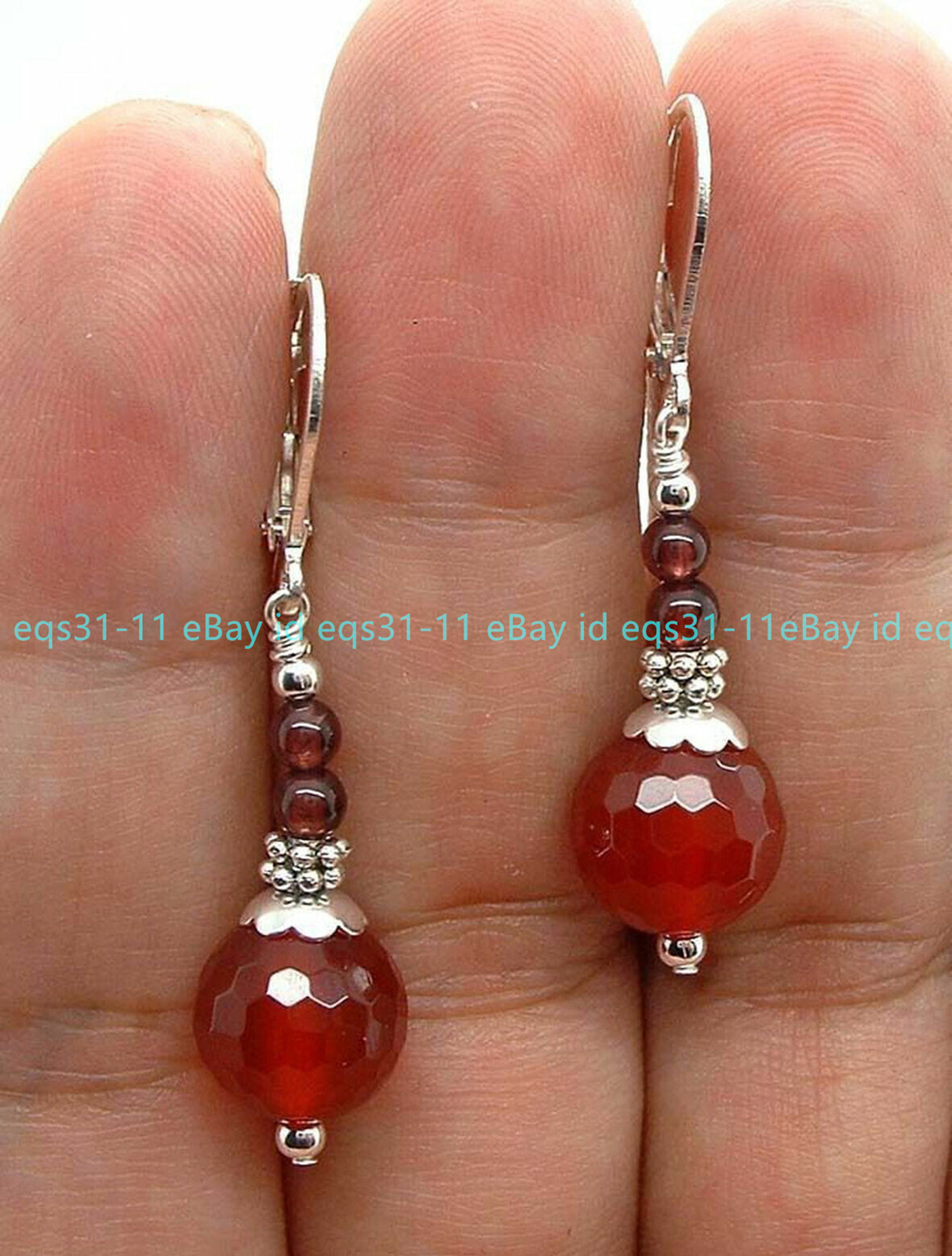 10mm Faceted Red Jade Garnet Round Gems Silver Leverback Dangle Earrings