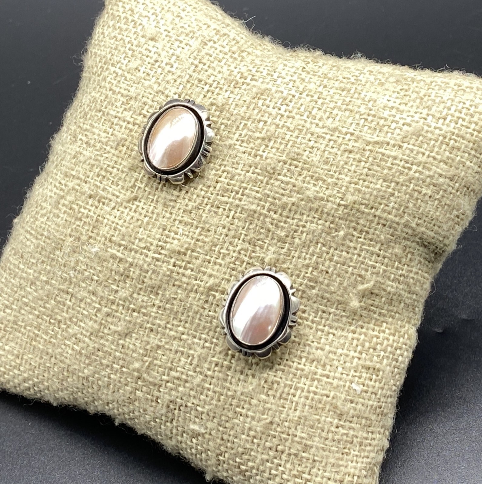 CAROL FELLEY-Sterling Silver Beige Pink Mother of Pearl Oval Post Earrings