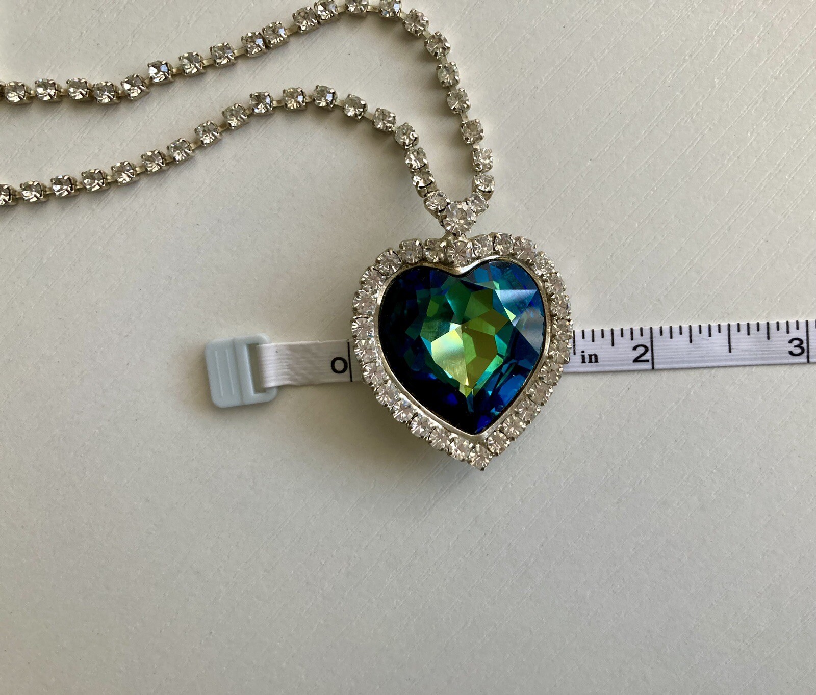 Blue Crystal Large Heart Silver Tone Pendant 16” Ladies Necklace 30g Titanic