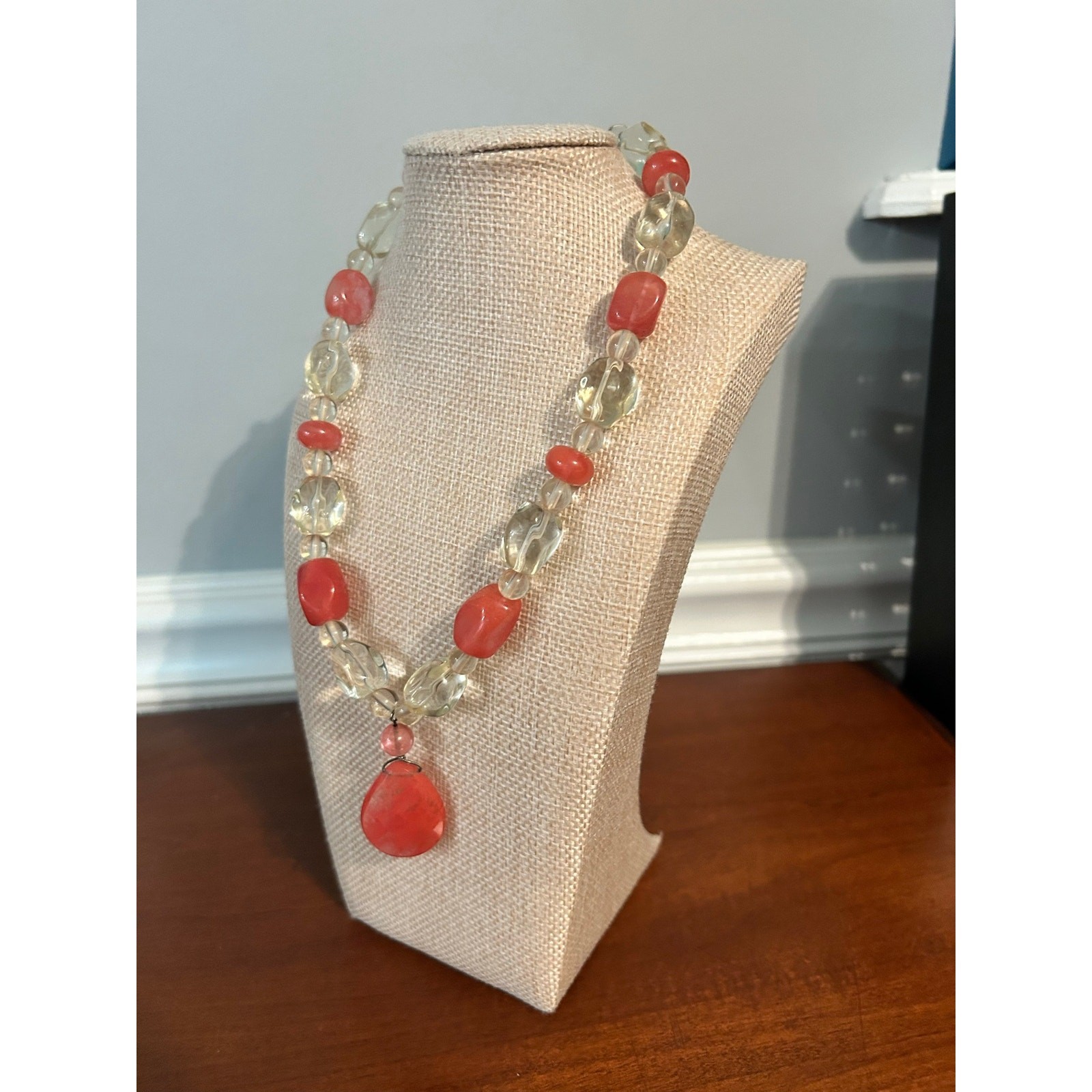 Vintage Pink Beaded Necklace Clear Faceted Oval Beads Choker 16 Inch Romantic