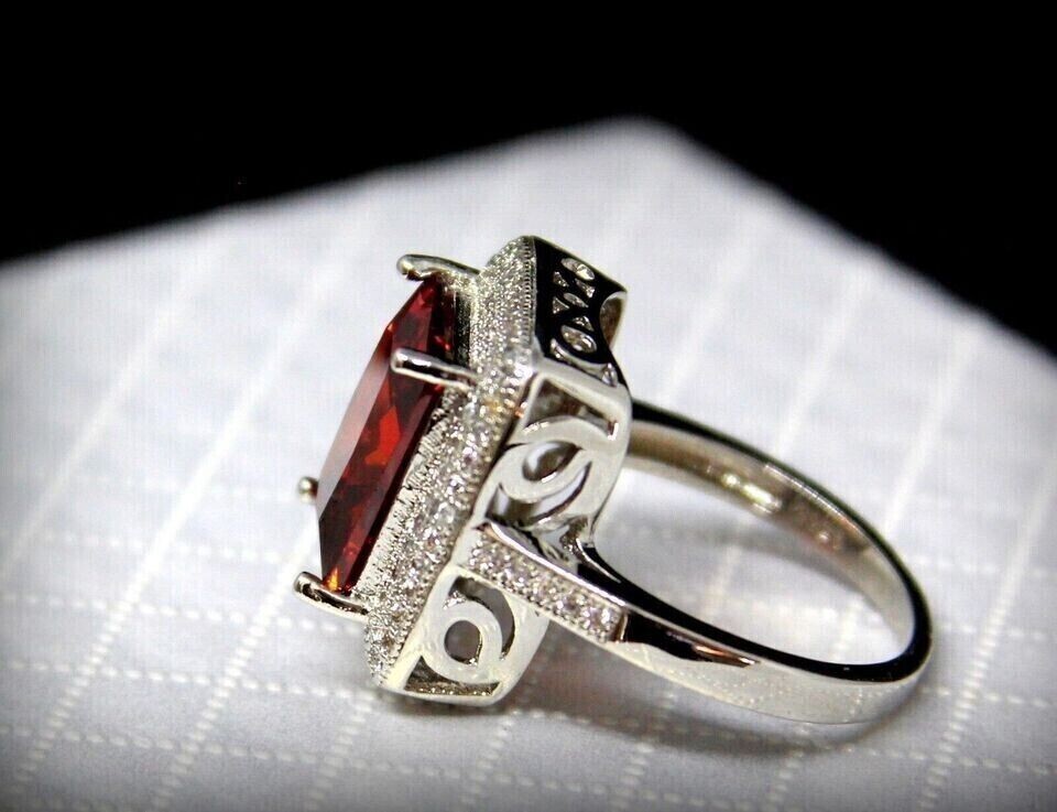Emerald Simulated Garnet Unisex Classic Halo Wedding Ring 14K White Gold Plated