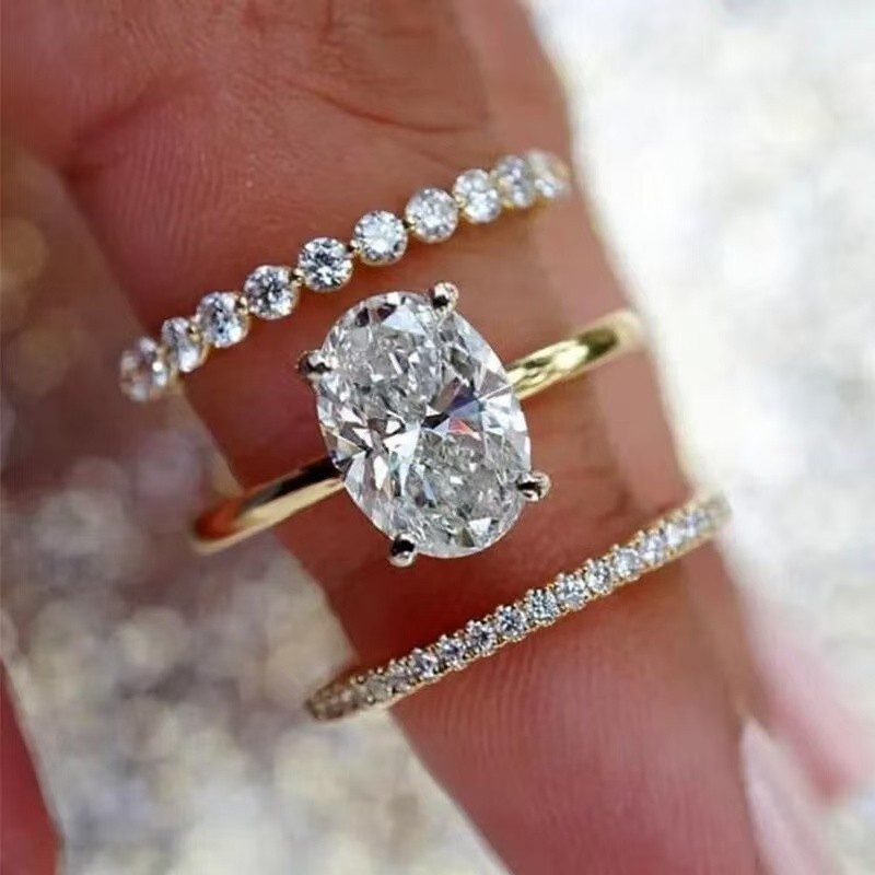ONE SET 3 PCS Women 18k Gold Plated Sparkling CZ Oval Band Ring Engagement