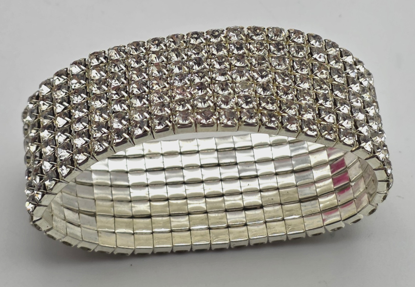 7 Row Clear Rhinestone Stretch Cuff Bracelet Silver Tone 6.5 In 1 In Wide Glam