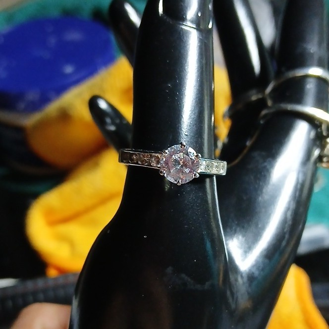 Sterling silver round white CZ solitaire with accents band ring. Size 8
