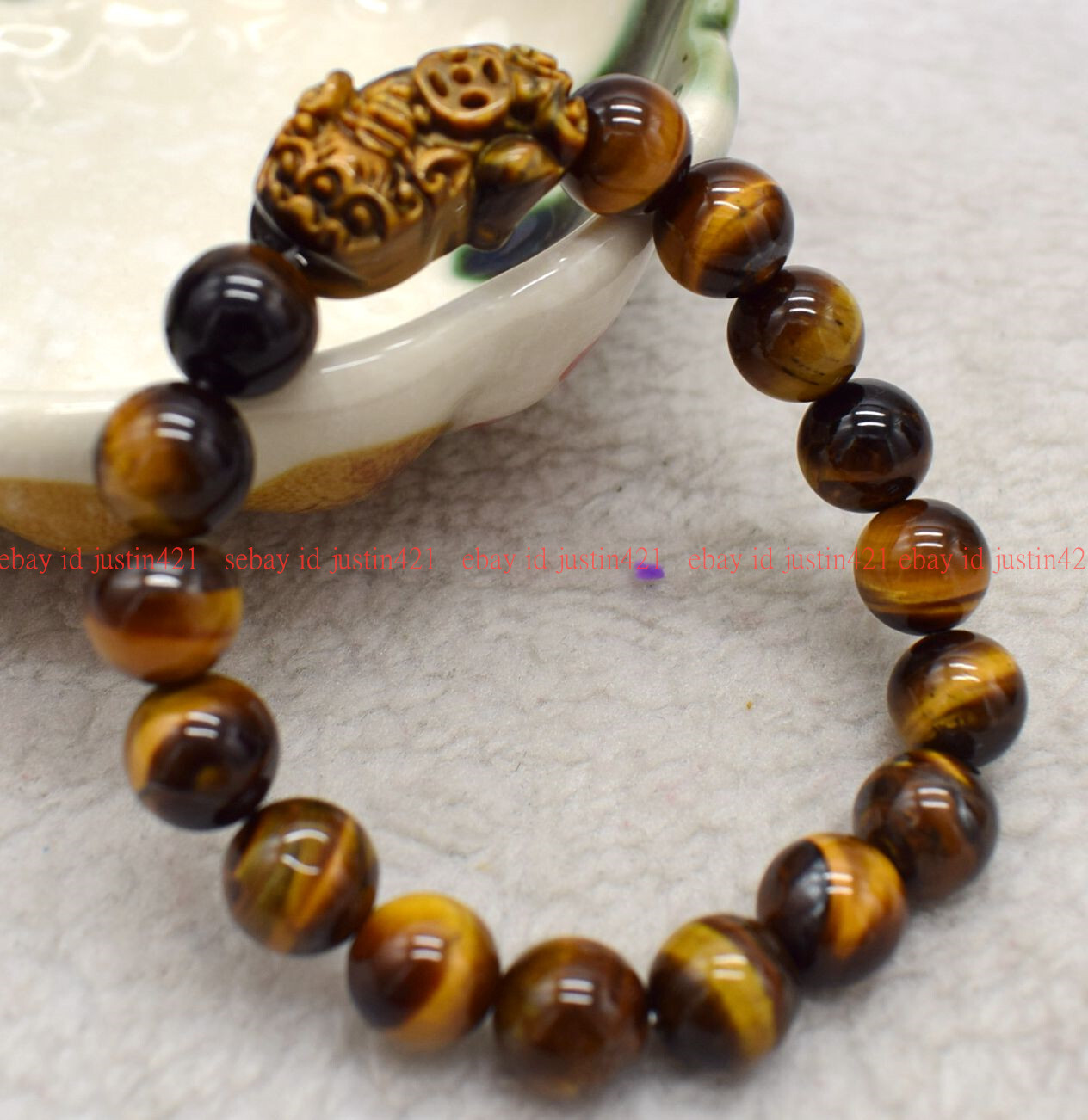 Pretty 8/10/12/14mm Yellow Tiger’s Eye Round Beads Pixiu Pendant Bracelet 7-9″