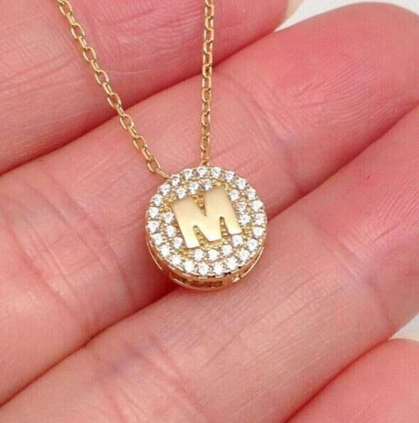14K Yellow Gold Plated Round Cut Simulated Diamond Stunning Initial M Pendant