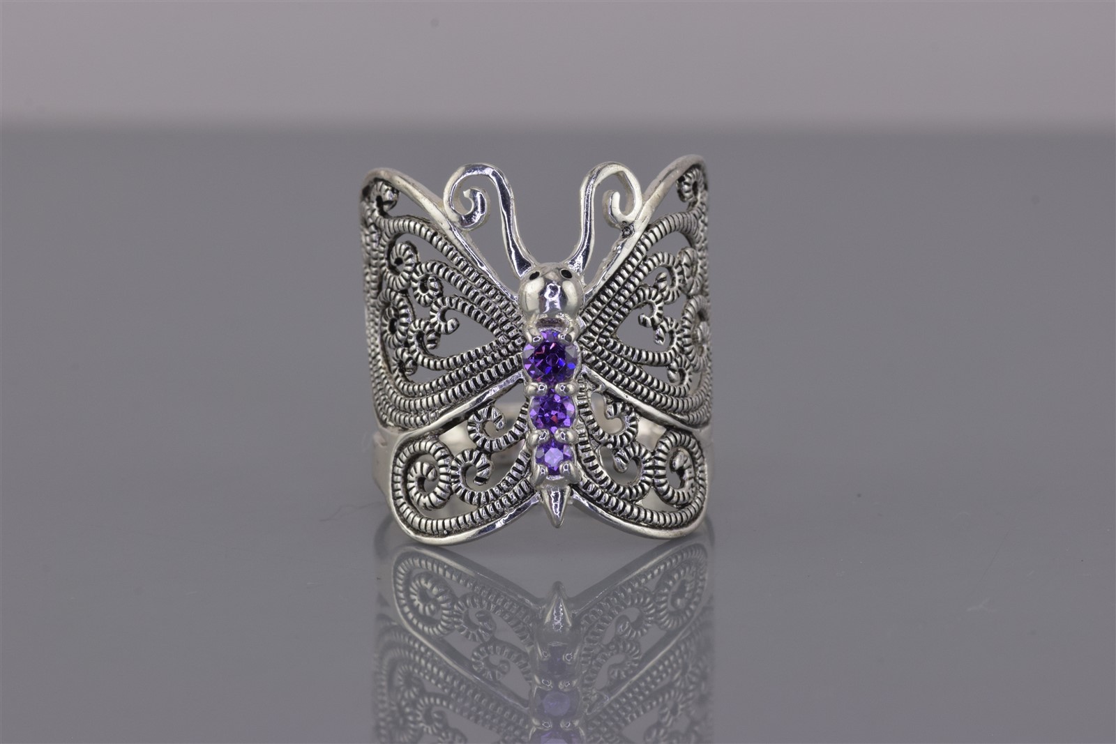 Sterling Silver 21mm Purple Amethyst Butterfly Winged Band Ring 925 Sz: 8