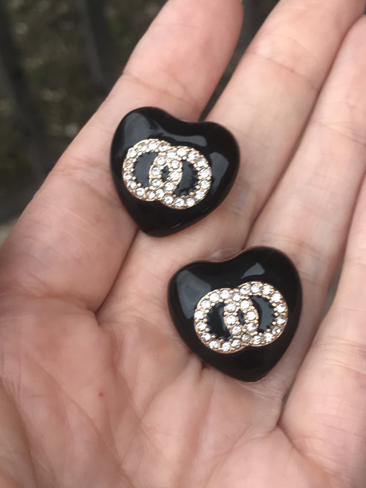 Black Enamel Heart Clear Crystal Pave Logo Stud Pierced Earrings