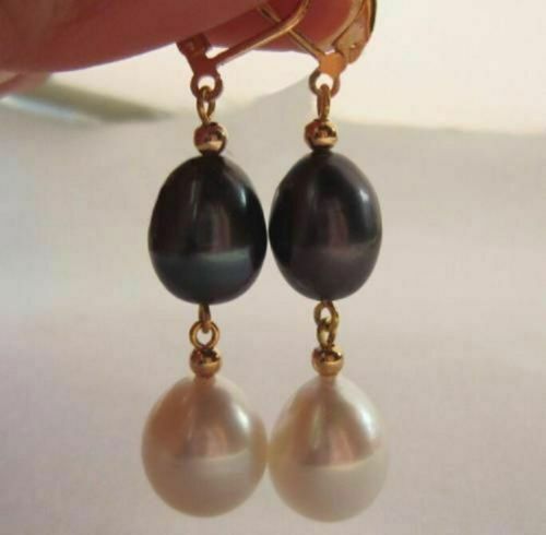Charming 9X11 mm South Sea white black Pearl Earring 14K yellow gold hook