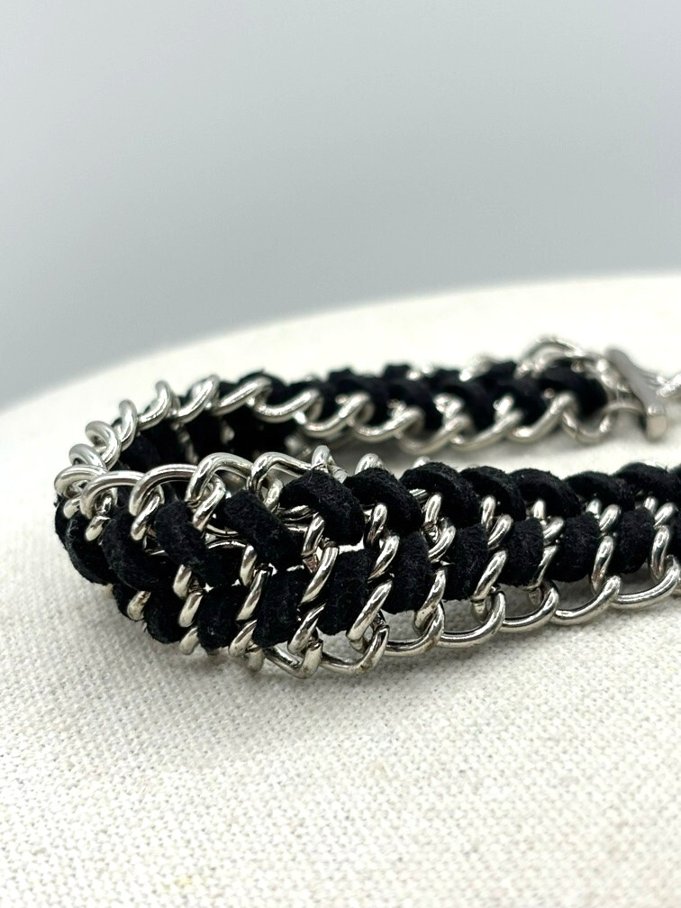 You And I Black Suede Silver Tone Weaved Chainmail Bracelet 9 Inch