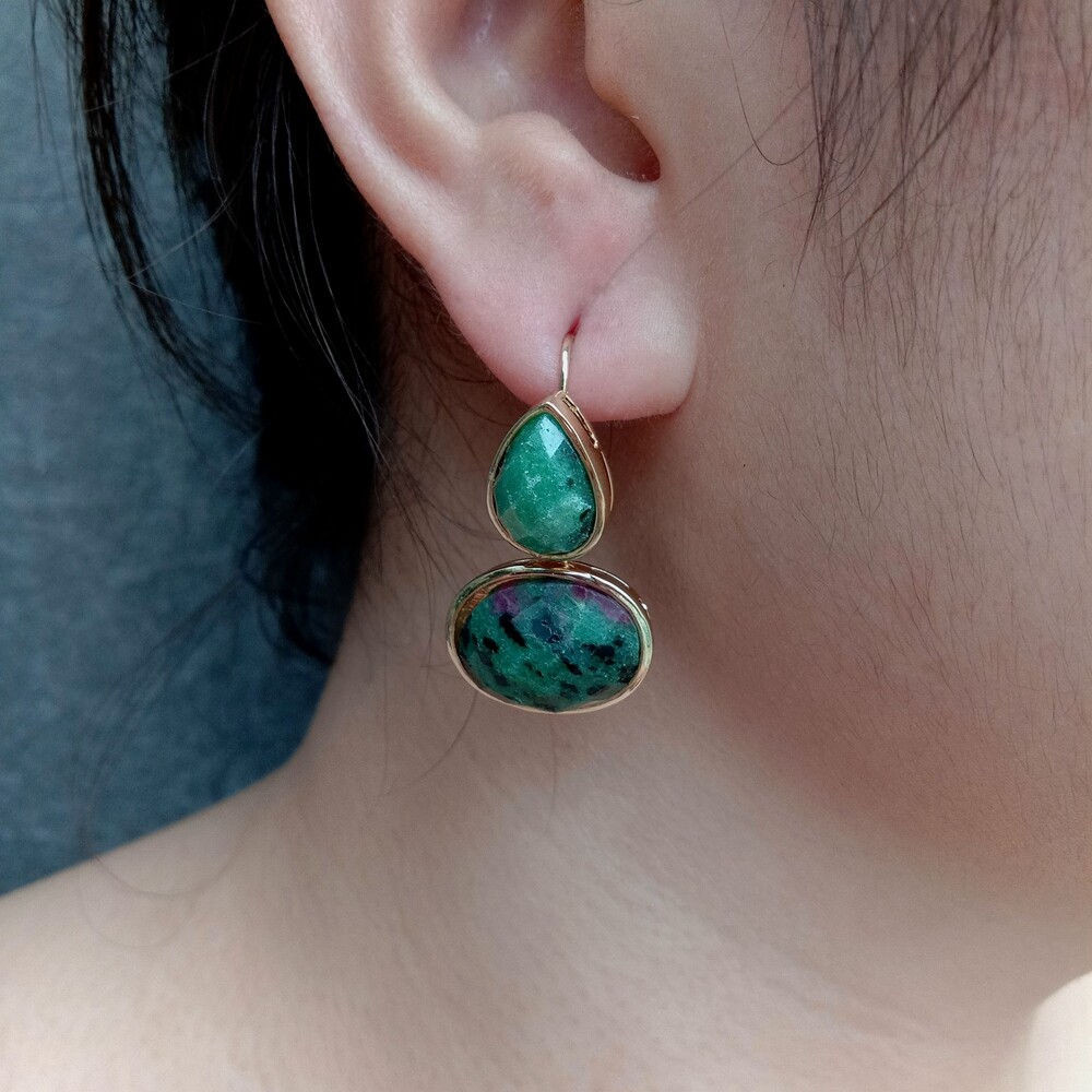 Y·YING Natural Ruby Zoisite Anyolite Bezel Set Hook Earrings Fashion Supplies