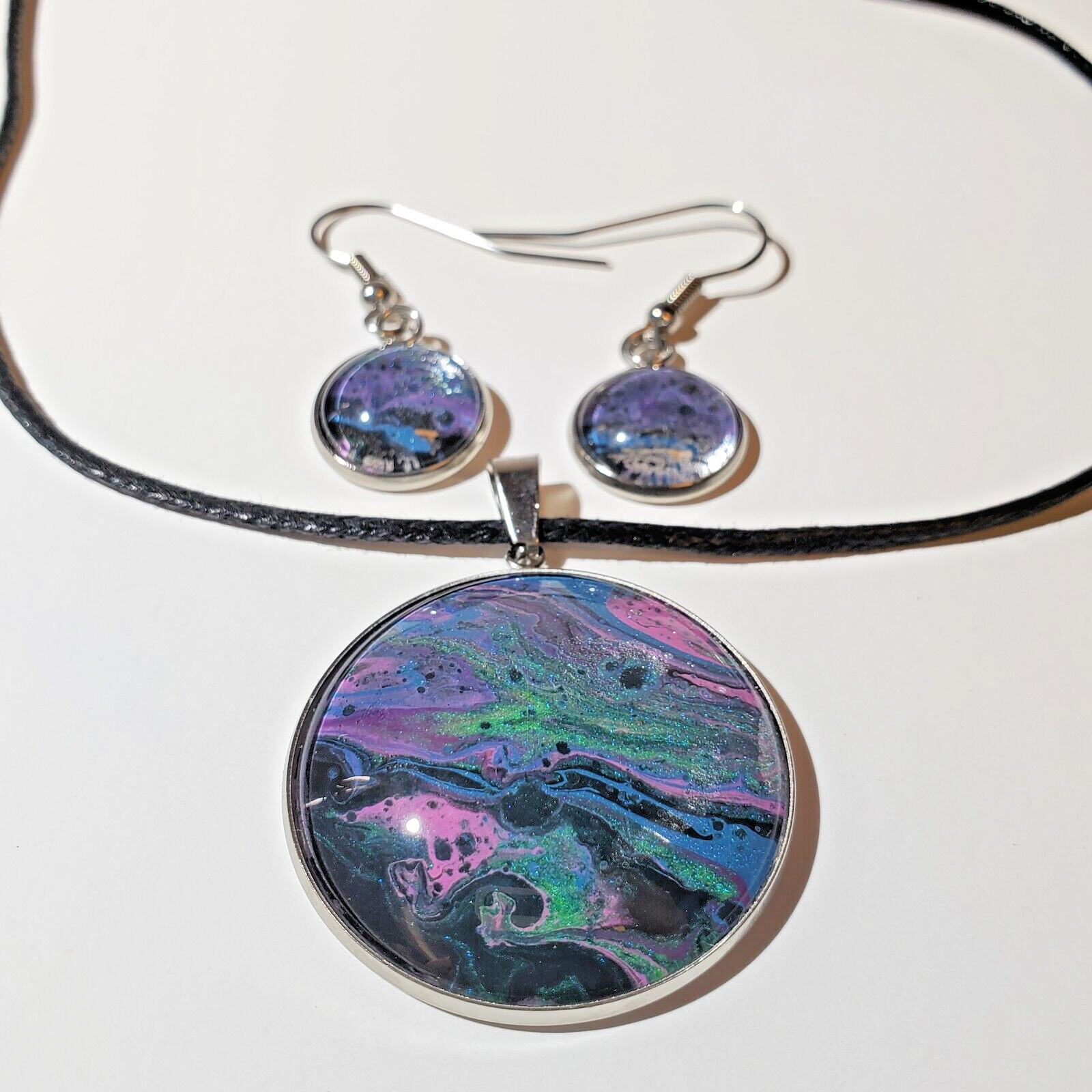 Necklace and Earrings Set, Handmade Acrylic Paint Pour Painting Jewelry, A13