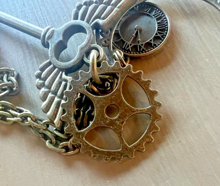 Whimsical Steampunk Charm Necklace Key Wing Clock Pendant Long