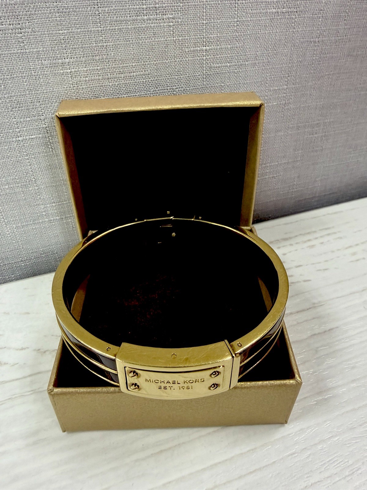 Michael Kors Gold Tone Hinged Bangle Cuff Bracelet, Push Lock, Signed