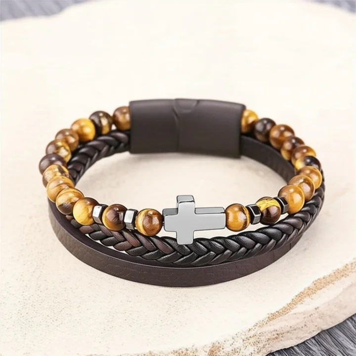 Men’s Cross Leather Braided Bracelet Tiger Eye Stone Protection Cuff Bangle Gift