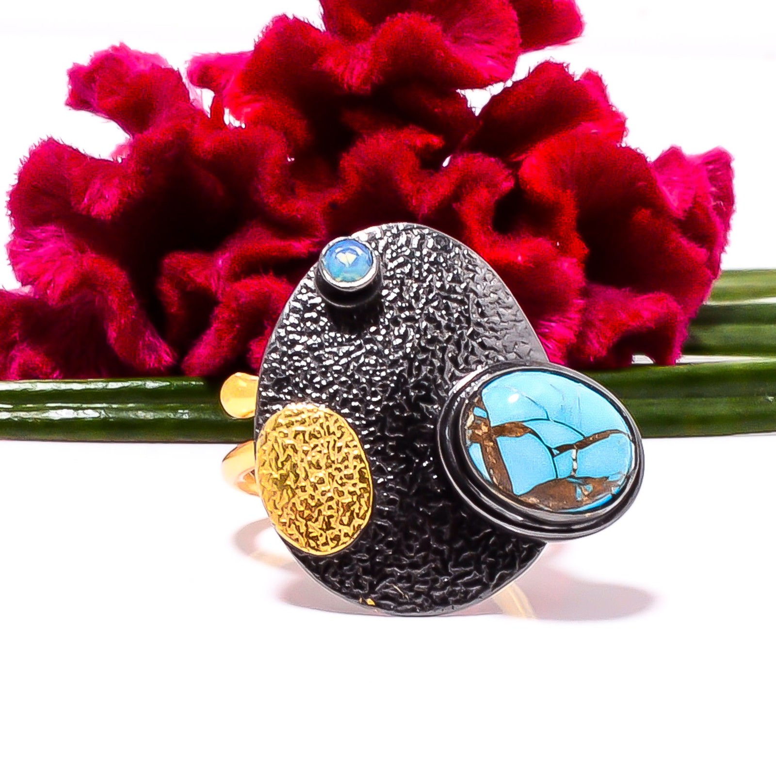Copper Blue Turquoise, Opal Gold Plated 925 Sterling Silver Ring s.7.5 Sku36