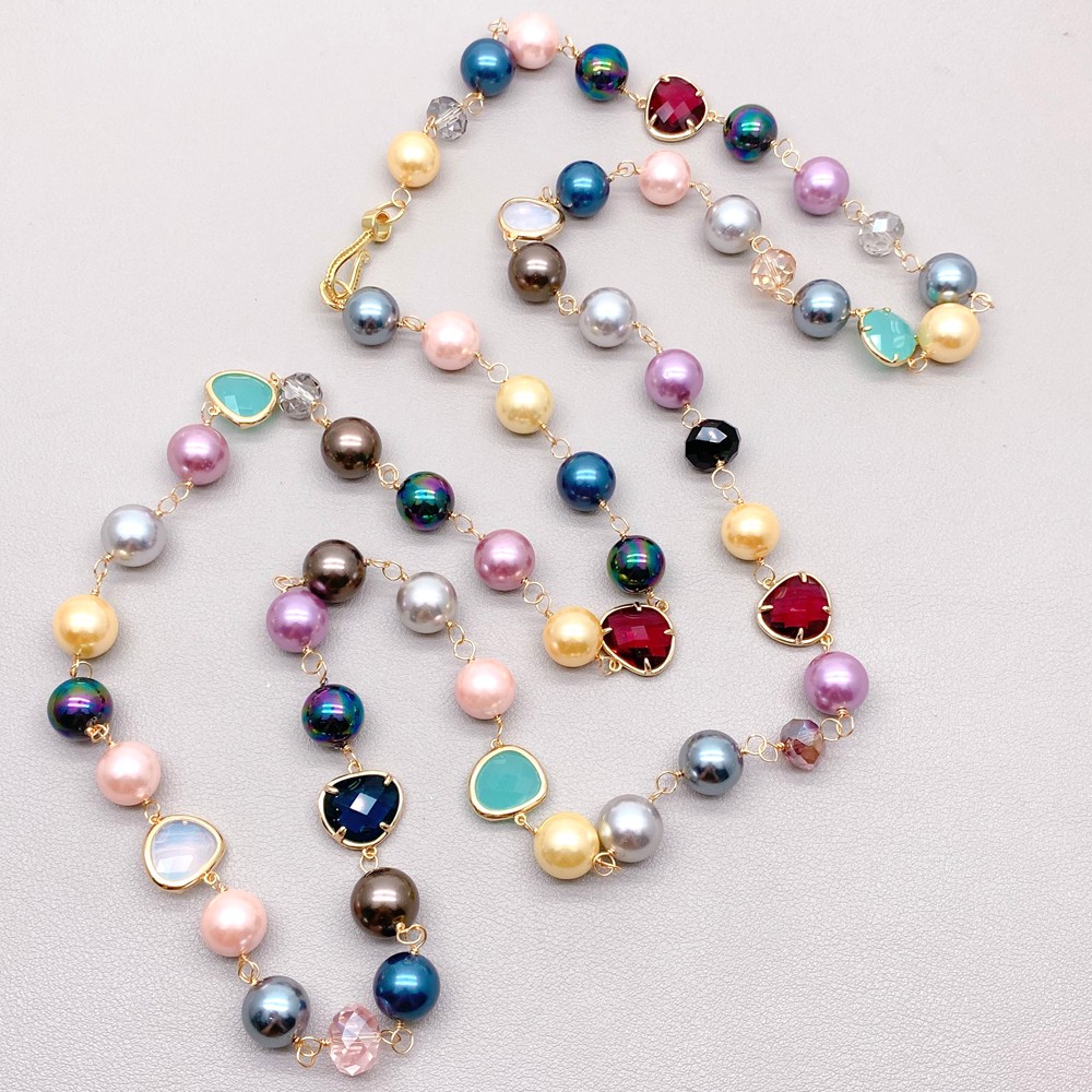 Multi Color Round Sea Shell Pearl Crystal Long Necklace 46″ Fashion Jewelry