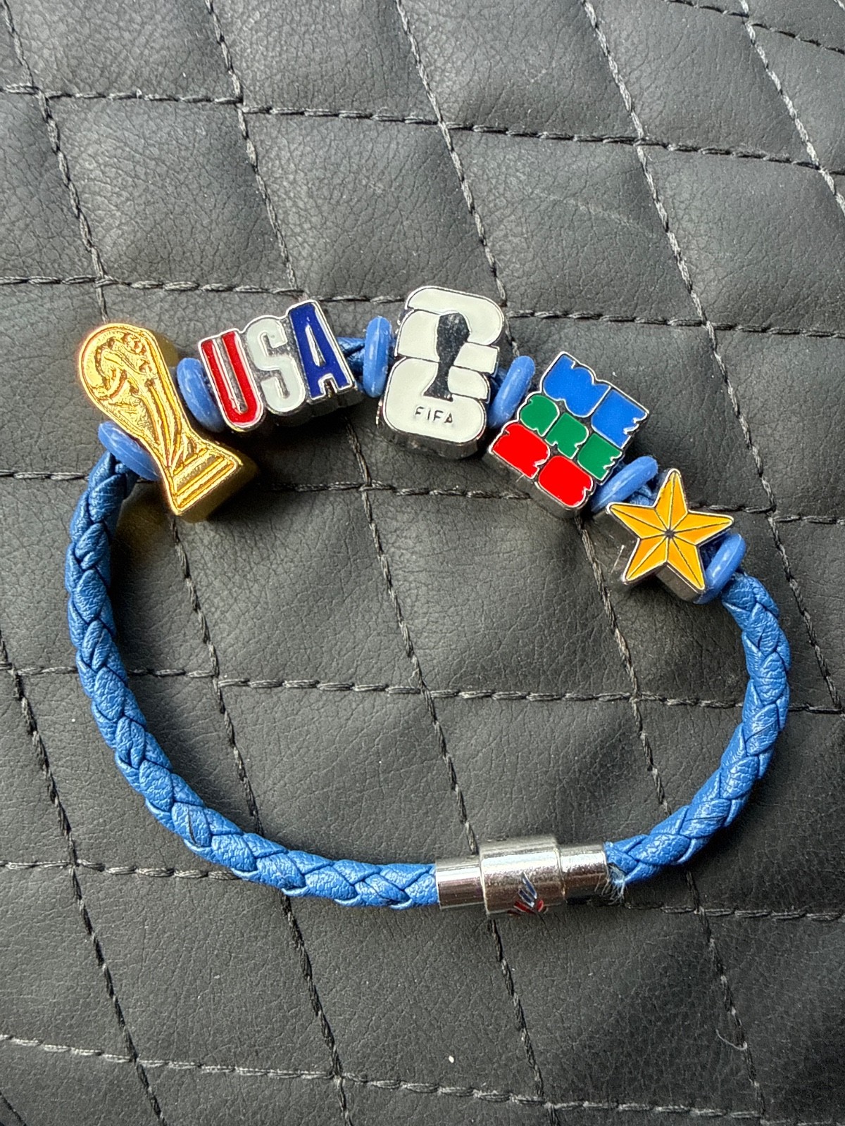 FIFA Braided blue Leather Beaded Charm Bracelet Magnetic Clasp Sports USA
