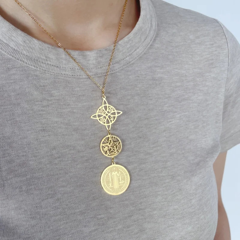 Triple Amulets Protection Necklace Featuring Witch Knot Pentagram Tetragramaton