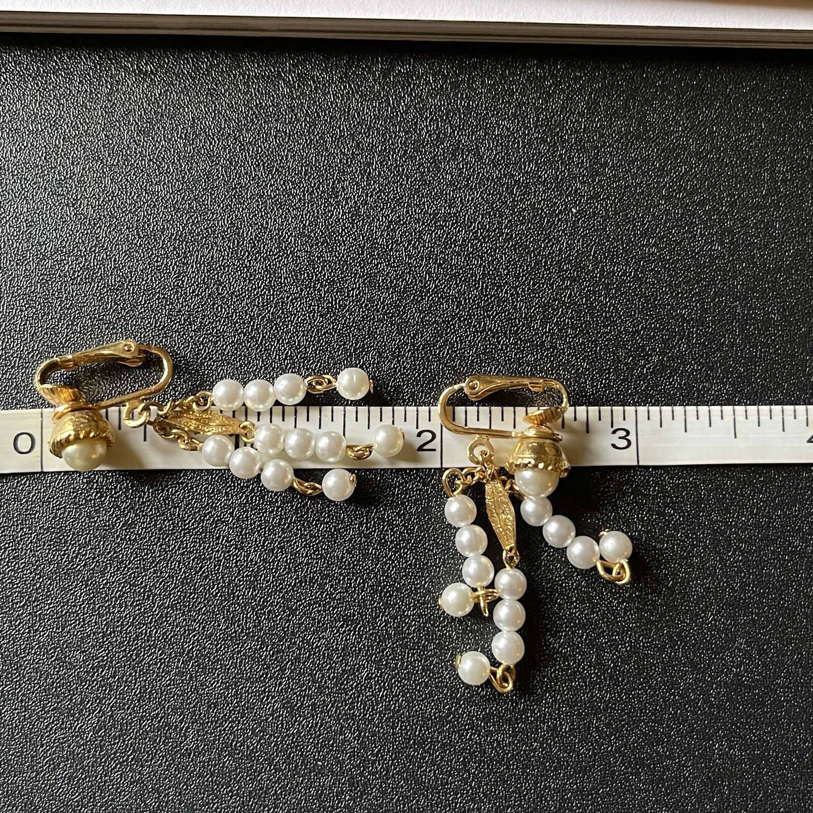 Vintage Faux Pearl Tassel Clip On Earrings Gold Tone Dangle Chandelier Statement