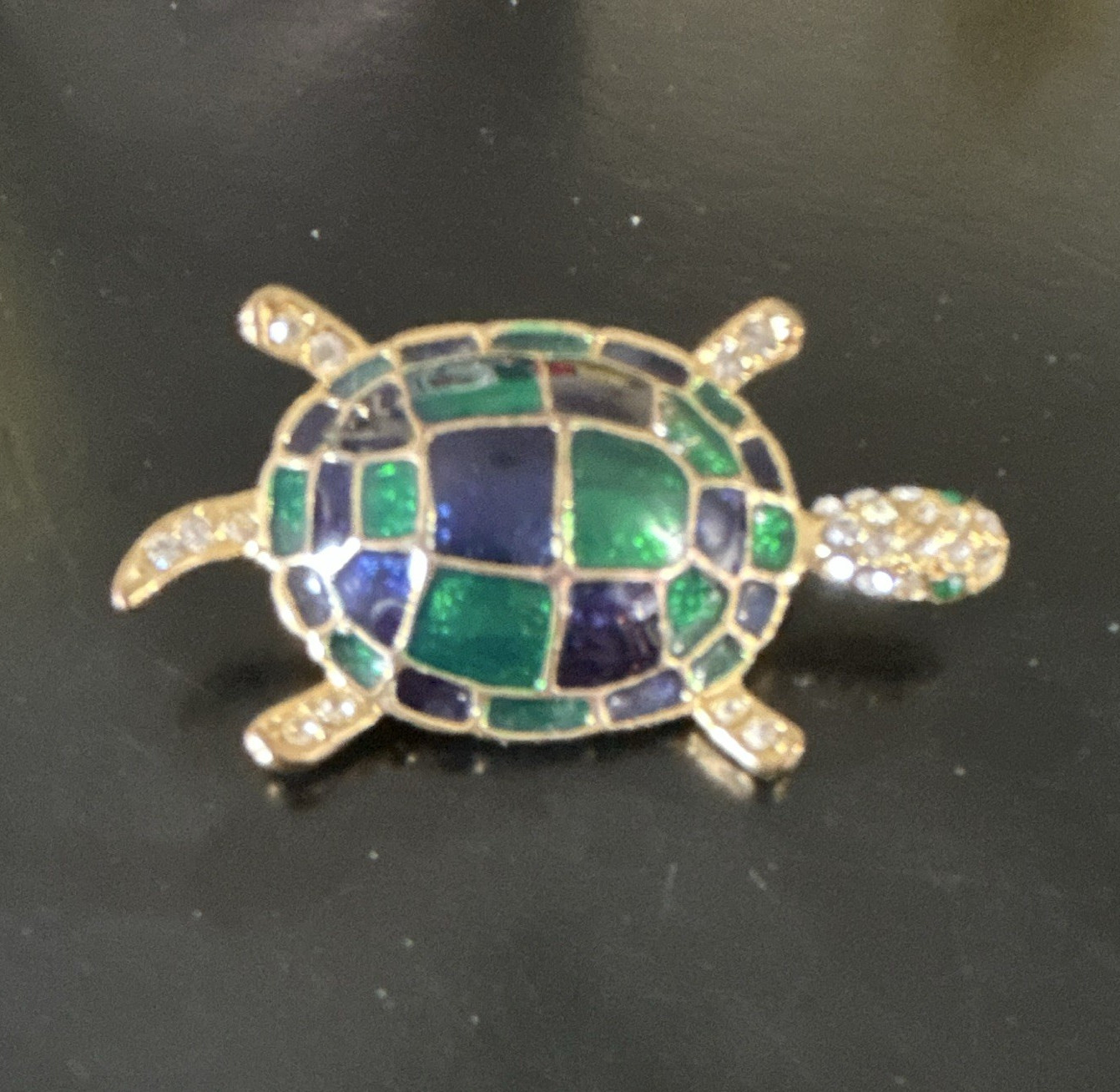 Gold Tone Turtle Brooch Pin, Blue & Green Enamel, Pavé Rhinestones, 1.75 in
