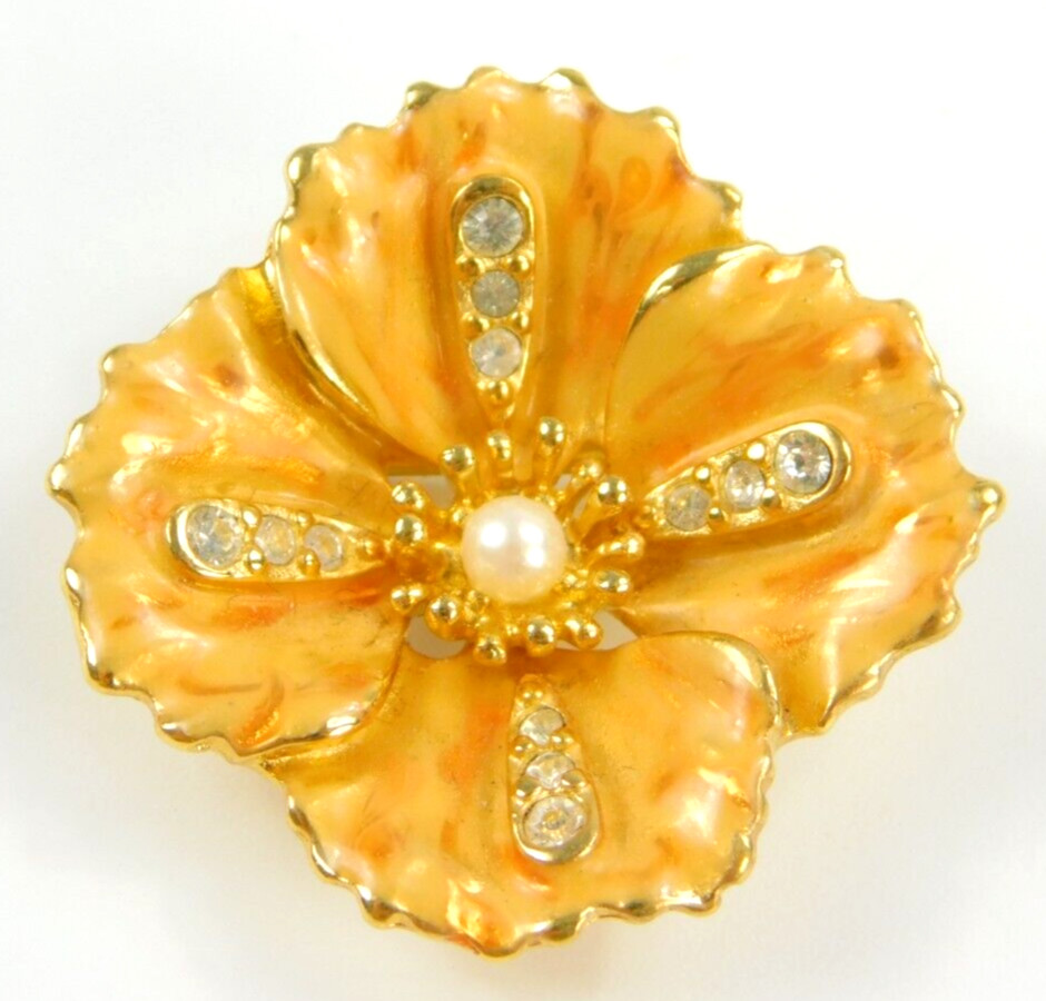 Joan Rivers Peach Enamel Rhinestone Flower Brooch Pin Pendant 1 1/8″