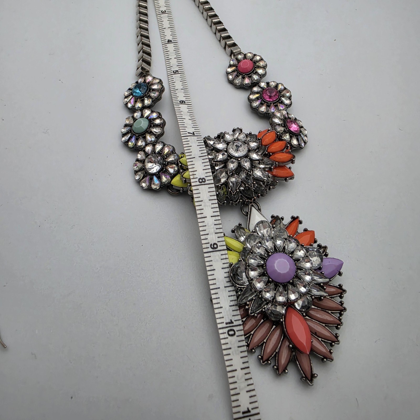 Large Floral Bib Statement Multi Color Necklace Rhinestone Box Chain Silver Tone