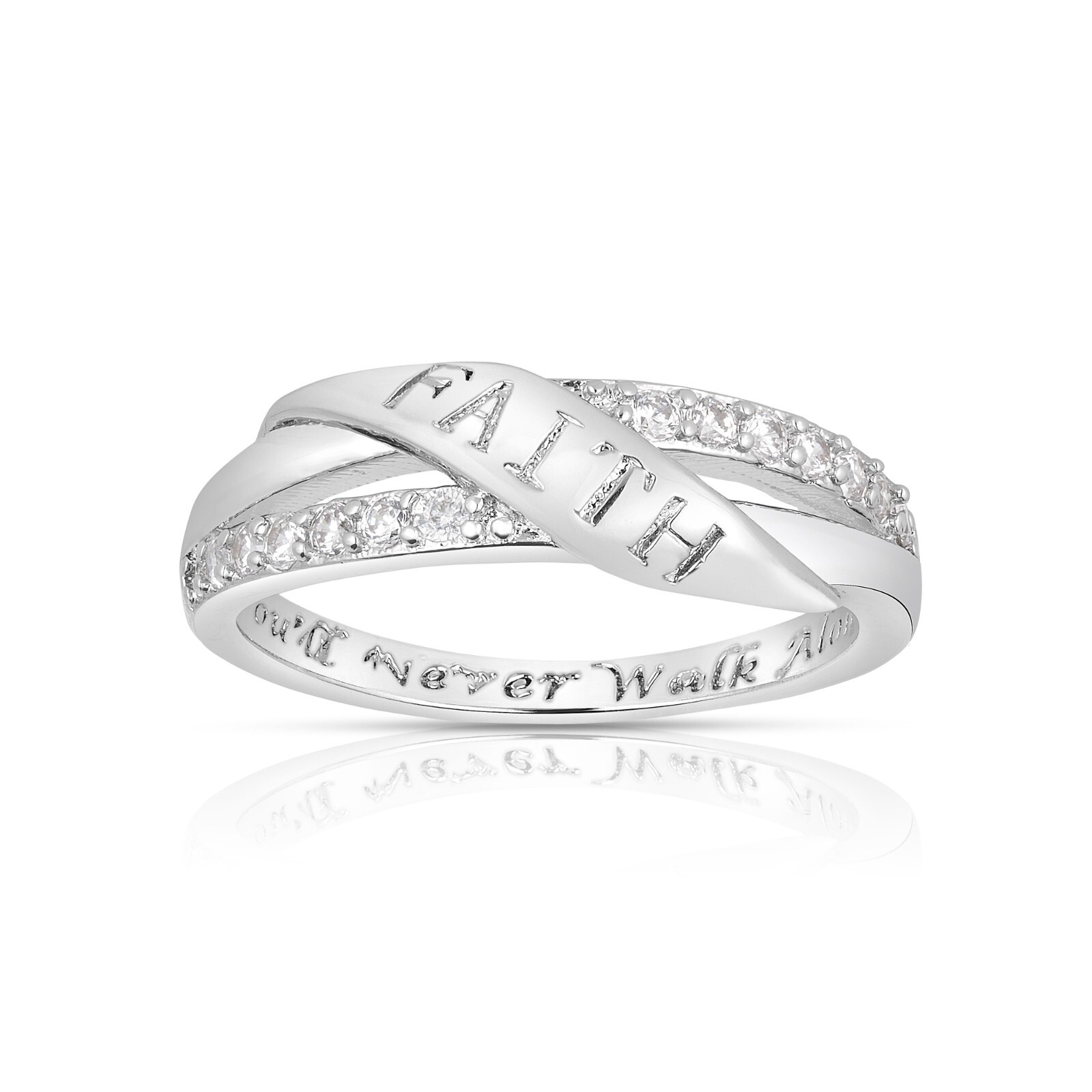 18k White Gold Plated Engraved “Faith You’ll Never Walk Alone” Ring Sizes 5-9