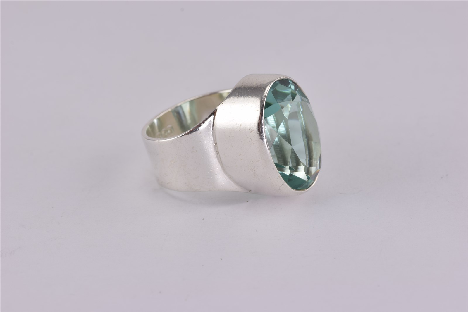 Sterling Silver Oval Raised Aqua Blue Cubic Zirconia Cuff Band Ring 925 Sz: 7