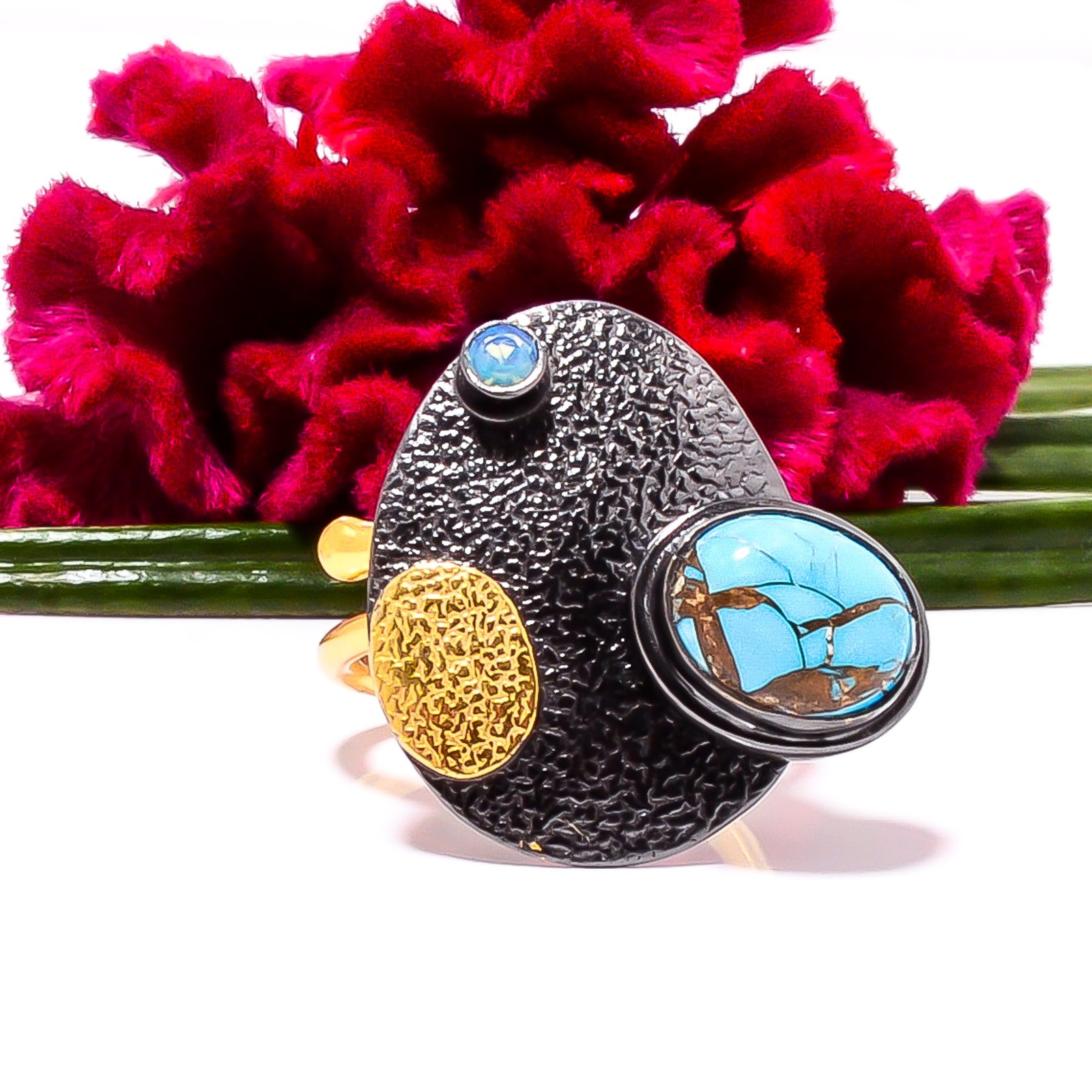 Copper Blue Turquoise, Opal Gold Plated 925 Sterling Silver Ring s.7.5 Sku36