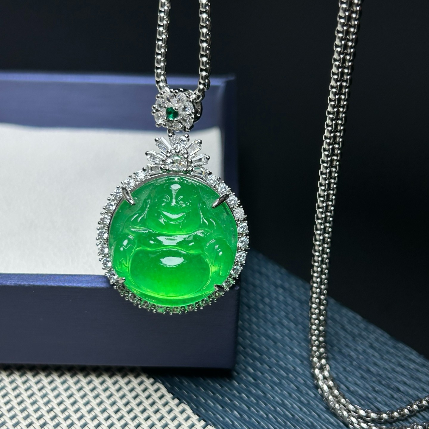 Inlay Nature ice green Burmese Jade Jadeite Carved Buddha luck Pendant&Necklaces