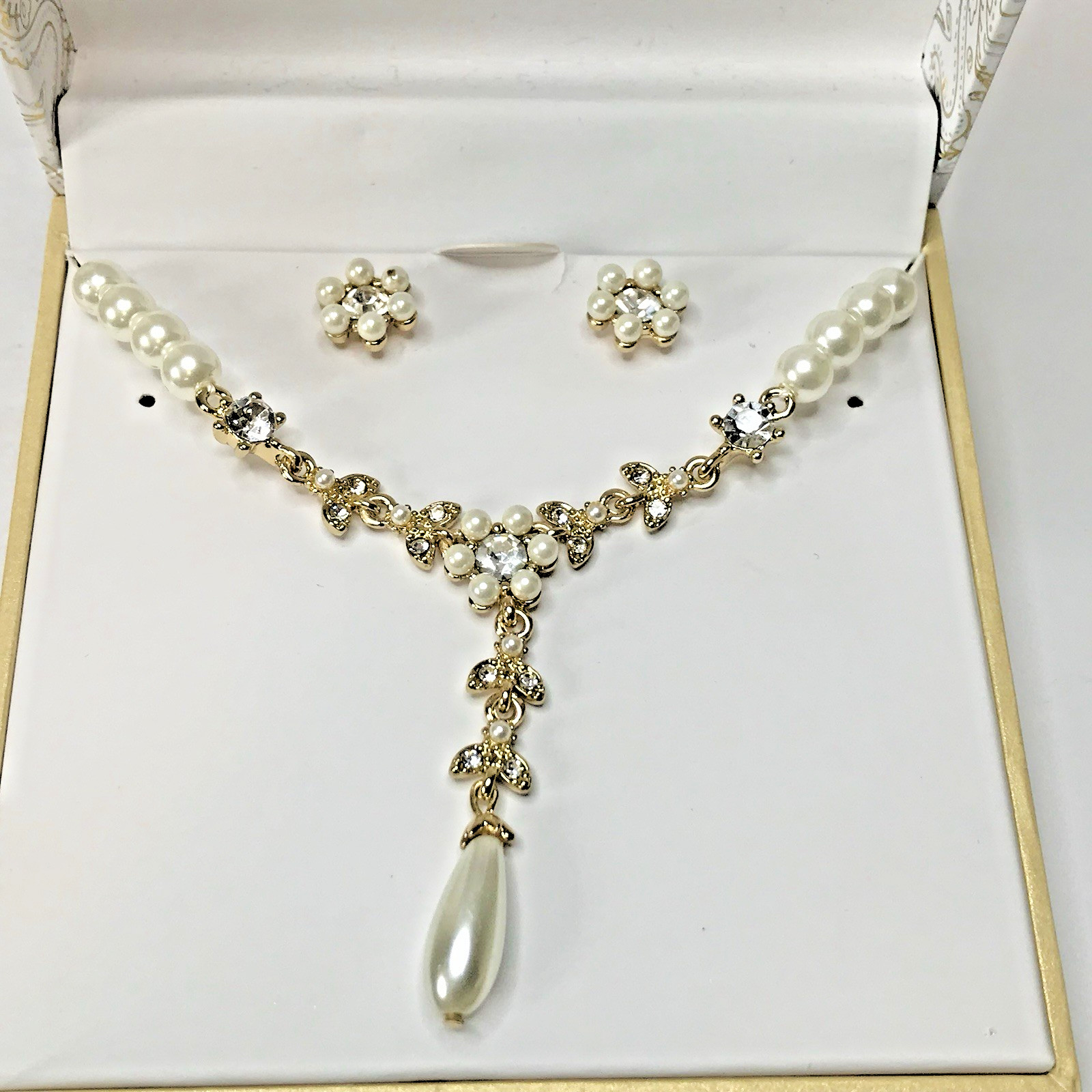 Charter Club Gold-tone Imitation white Pearl Flower NECKLACE + EARRINGS