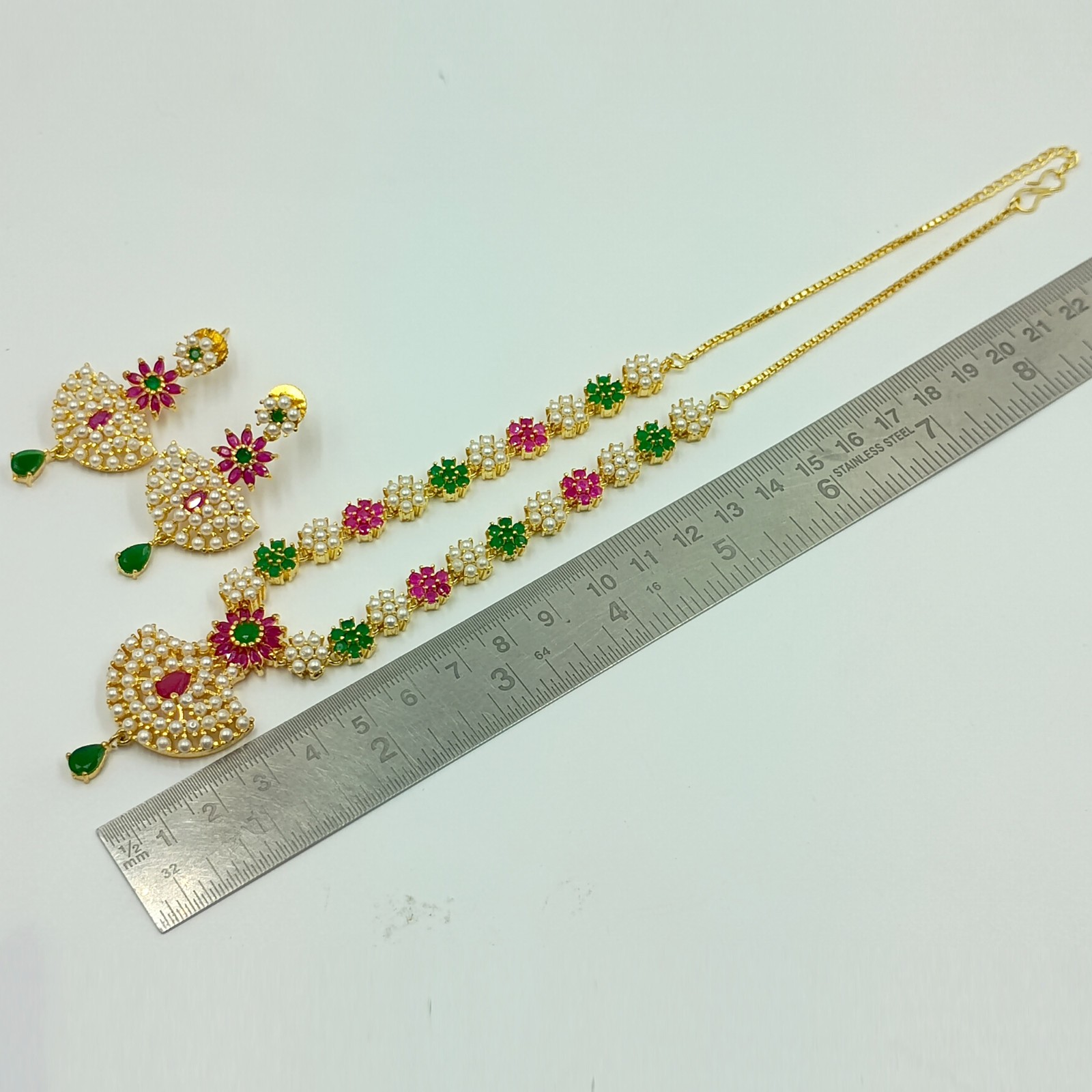 Ethnic 22K Gold Plated Kemp Ruby Emerald & Pearl Necklace Jewelry For Women