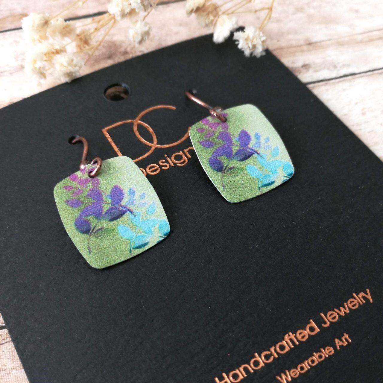 DC Designs Abstract Foliage Small Square Earrings in Green and Purple 33NS