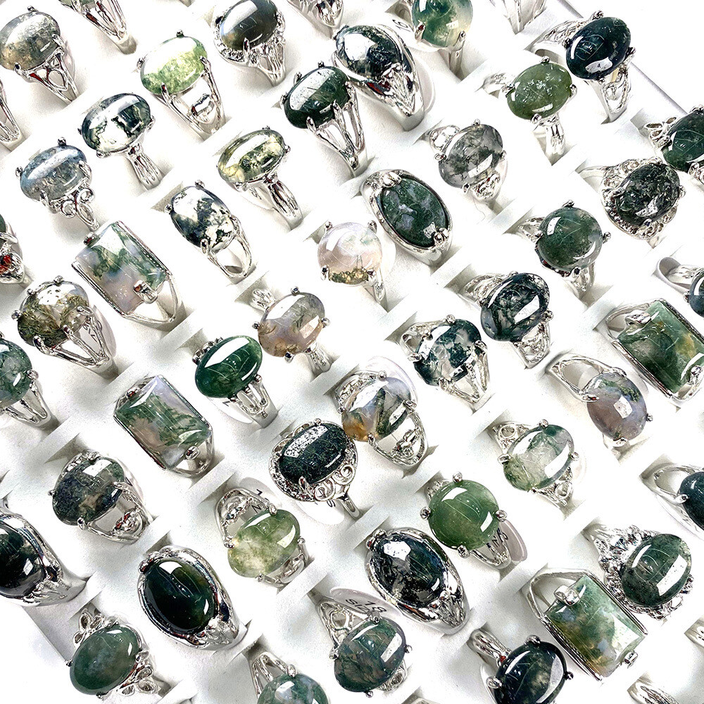Wholesale Jewelry 12Pcs Natural Stone Moss Agate Gemstone Silver Plated Rings