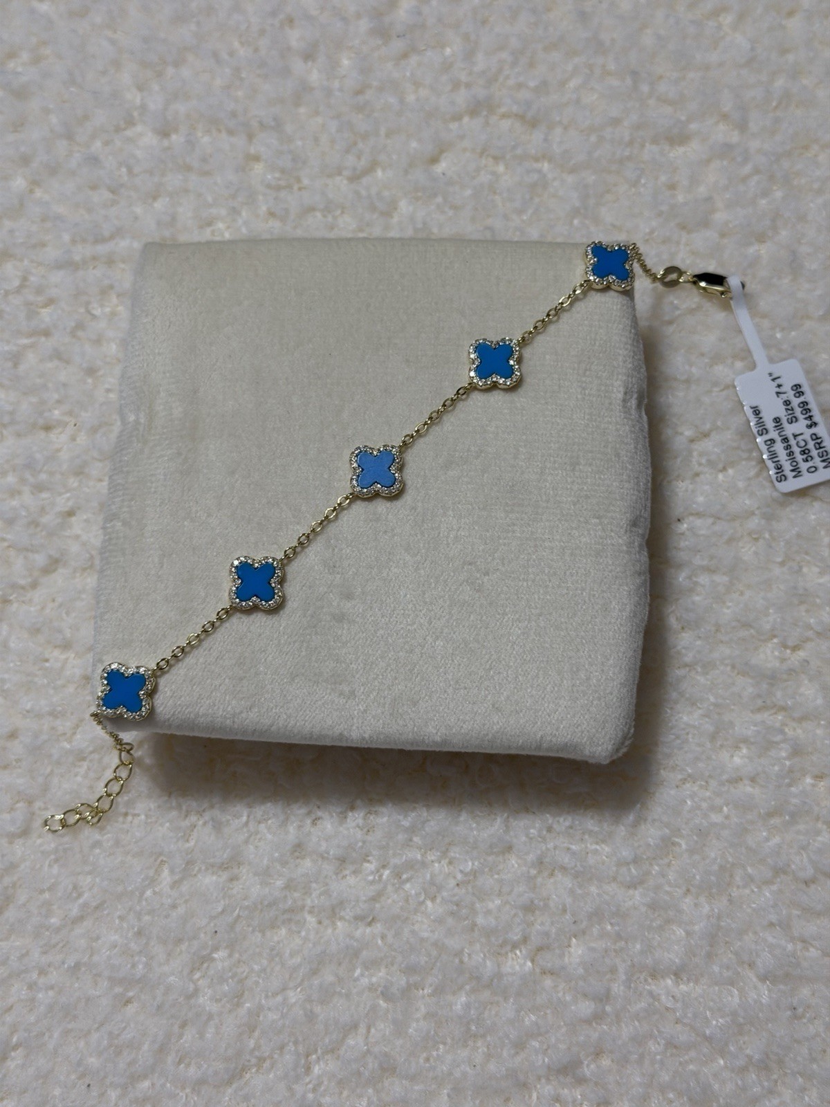 925 Sterling Silver Gold Over Bracelet Blue Clover Moissanite 7-8in Lobster