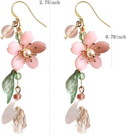 Pink Flower Dangle Earrings for Women Cute Asymmetry Small to Medium, gold