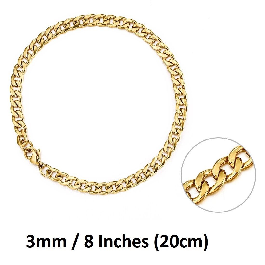 *UK Shop* STAINLESS STEEL BRACELET 3MM 8 INCH / 20CM GOLD CURB MENS CUBAN CHAIN