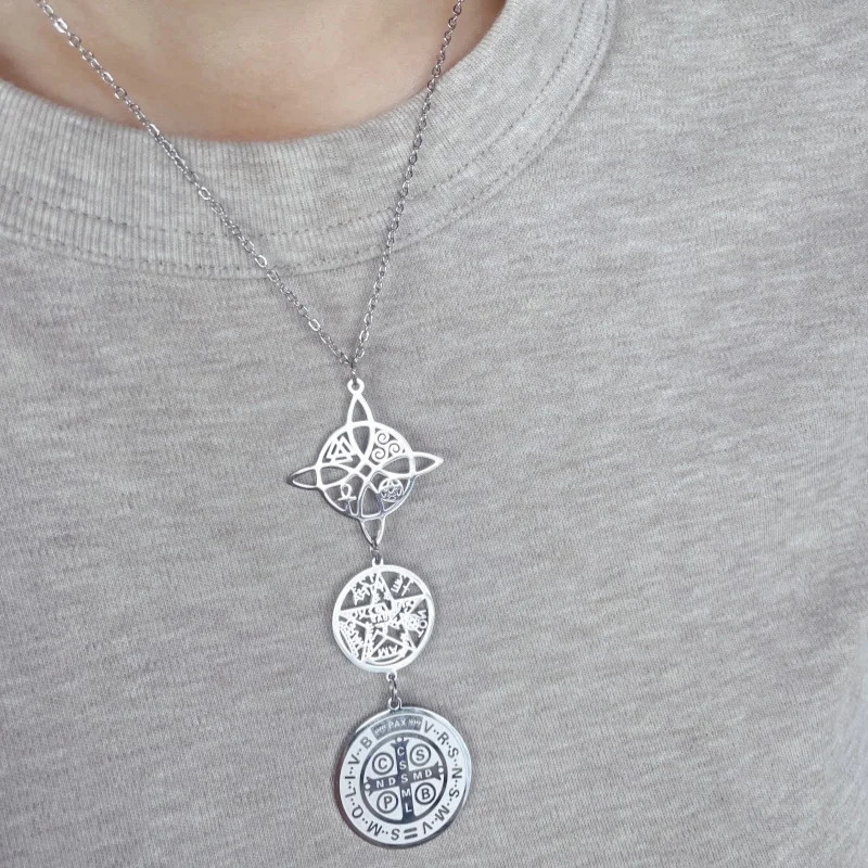 Triple Amulets Protection Necklace Featuring Witch Knot Pentagram Tetragramaton